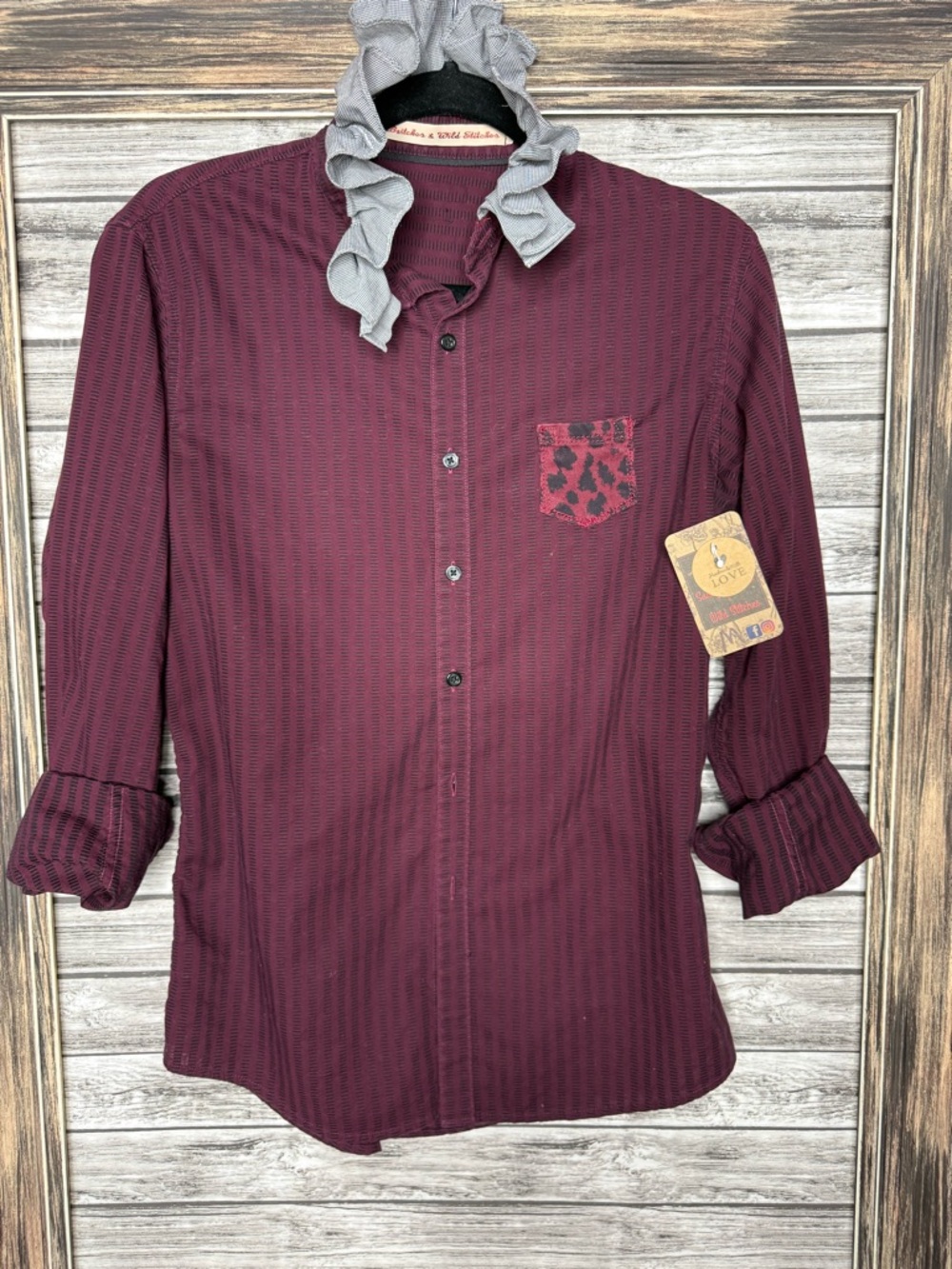 UpCycled Reworked Handmade Maroon Ruffle-Collar Button-Down Shirt with BAMA Back - Picture 2 of 3